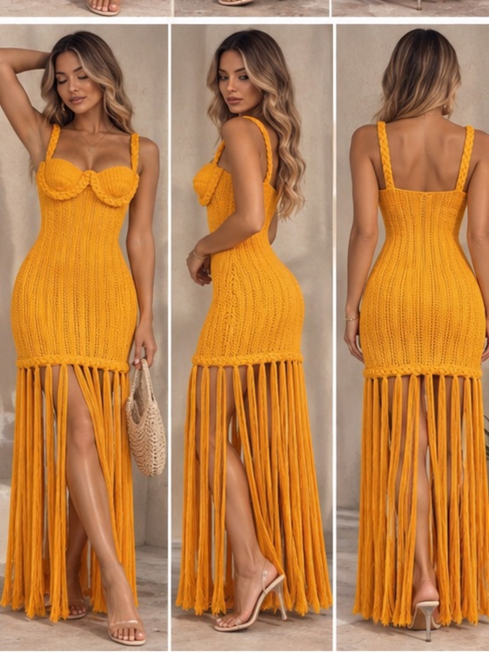 Fringe Knit Maxi Dress in mustard yellow